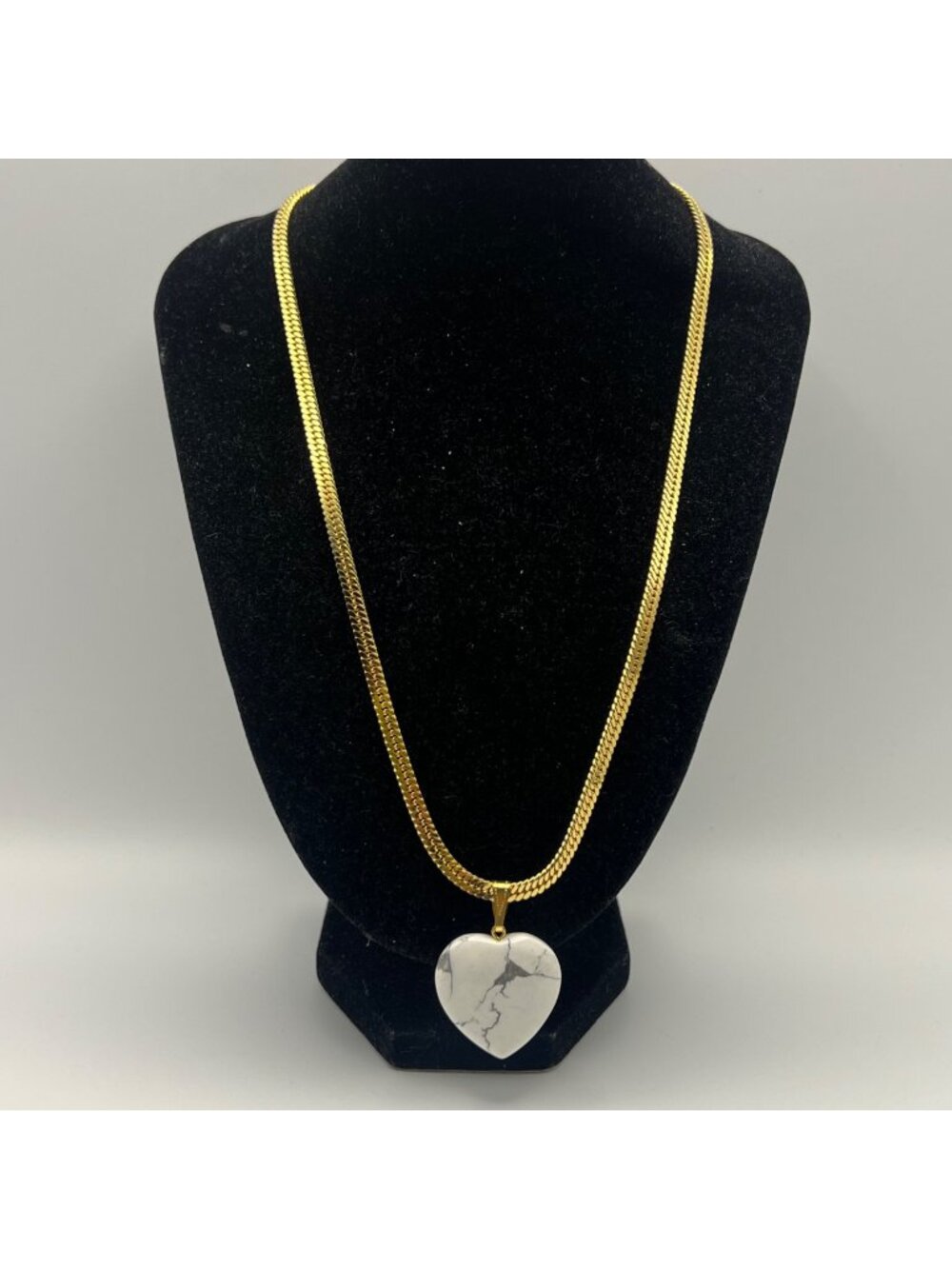 White Howlite Heart Pendant Necklace Gold-Tone Herringbone 18" Calming Healing